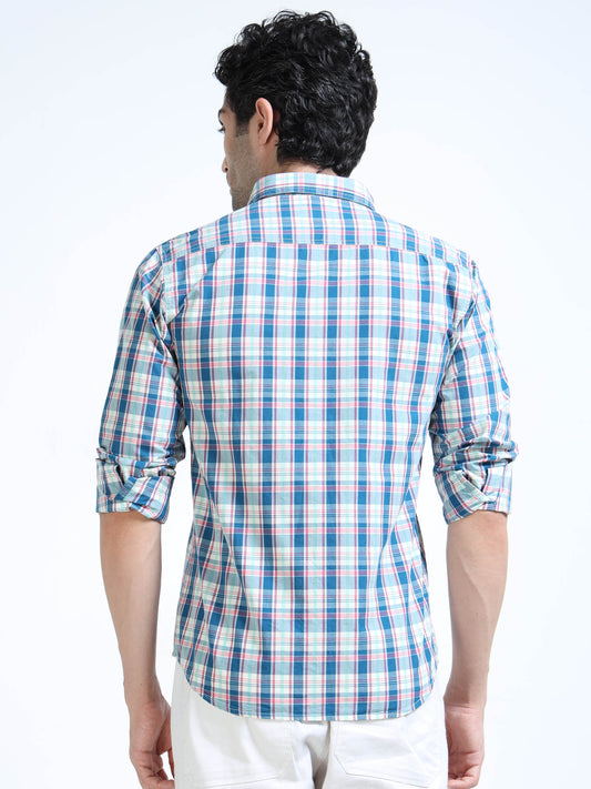 Men’s Blue, Red & White Multi-Check Cotton Linen Shirt