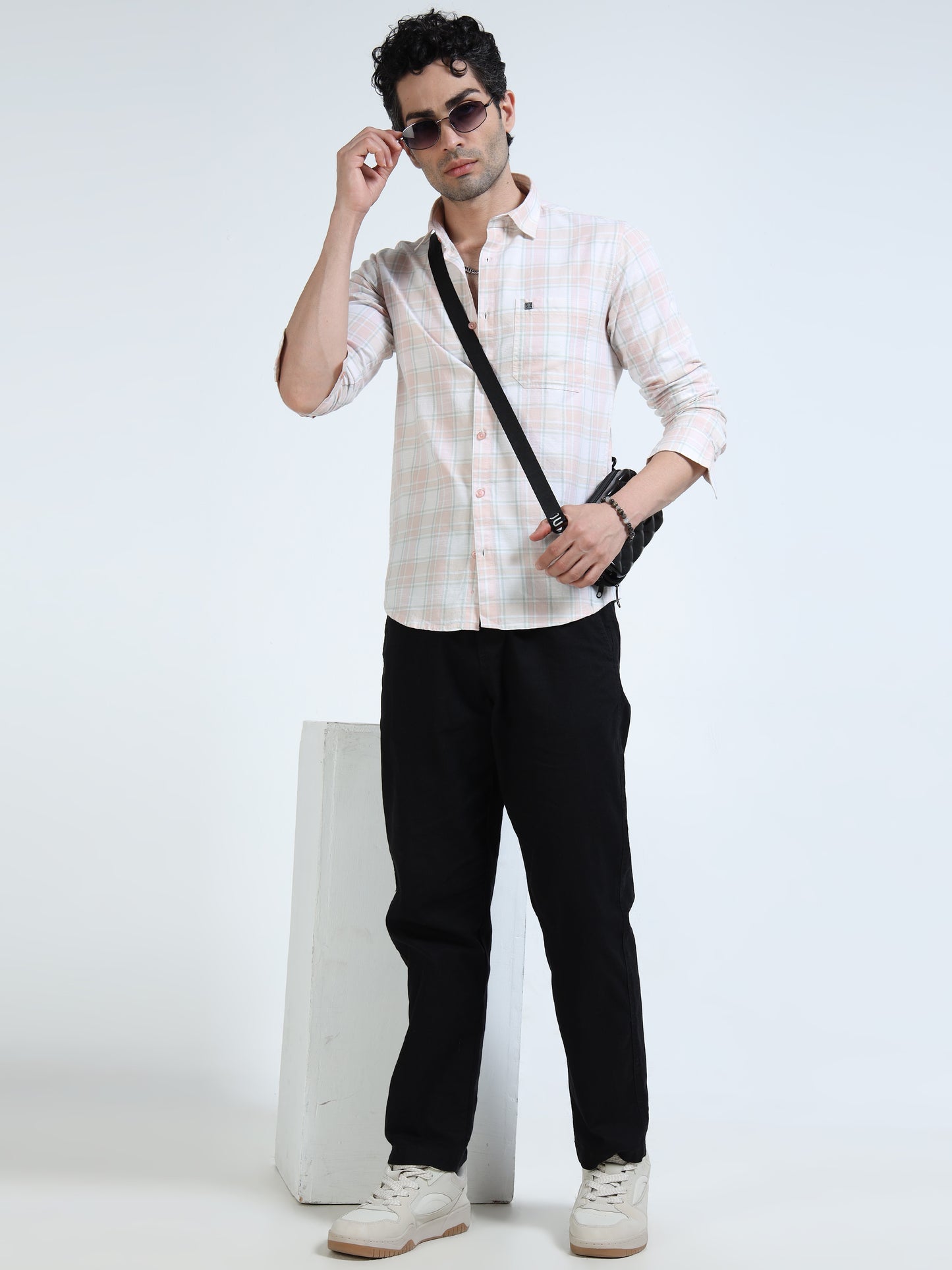 Men’s Peach & White Subtle Check Cotton Linen Shirt