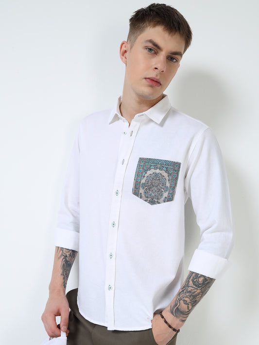 Men’s White Cotton Casual Shirt with Contrast Printed Pocket