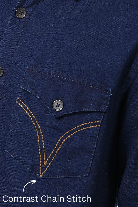 Men’s Dark Indigo Blue Denim Cotton Utility Shirt with Dual Flap Pockets