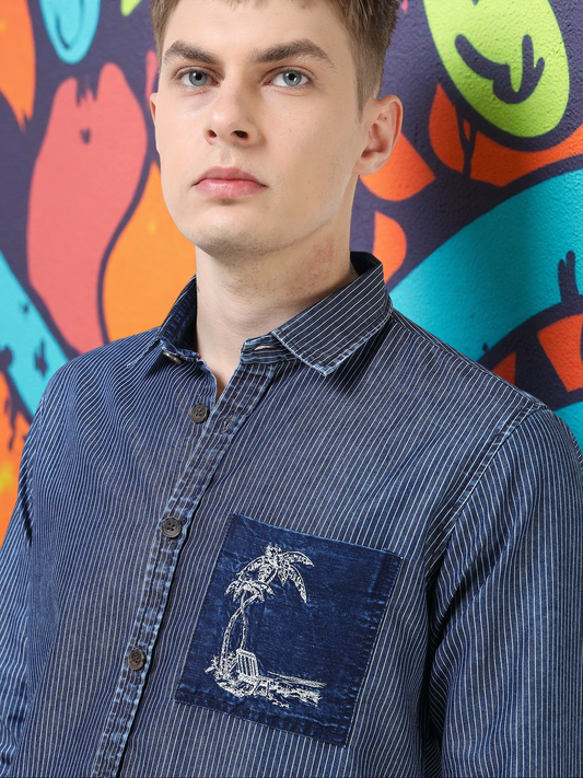 Men’s Navy Striped Cotton Casual Shirt with Contrast Embroidered Pocket