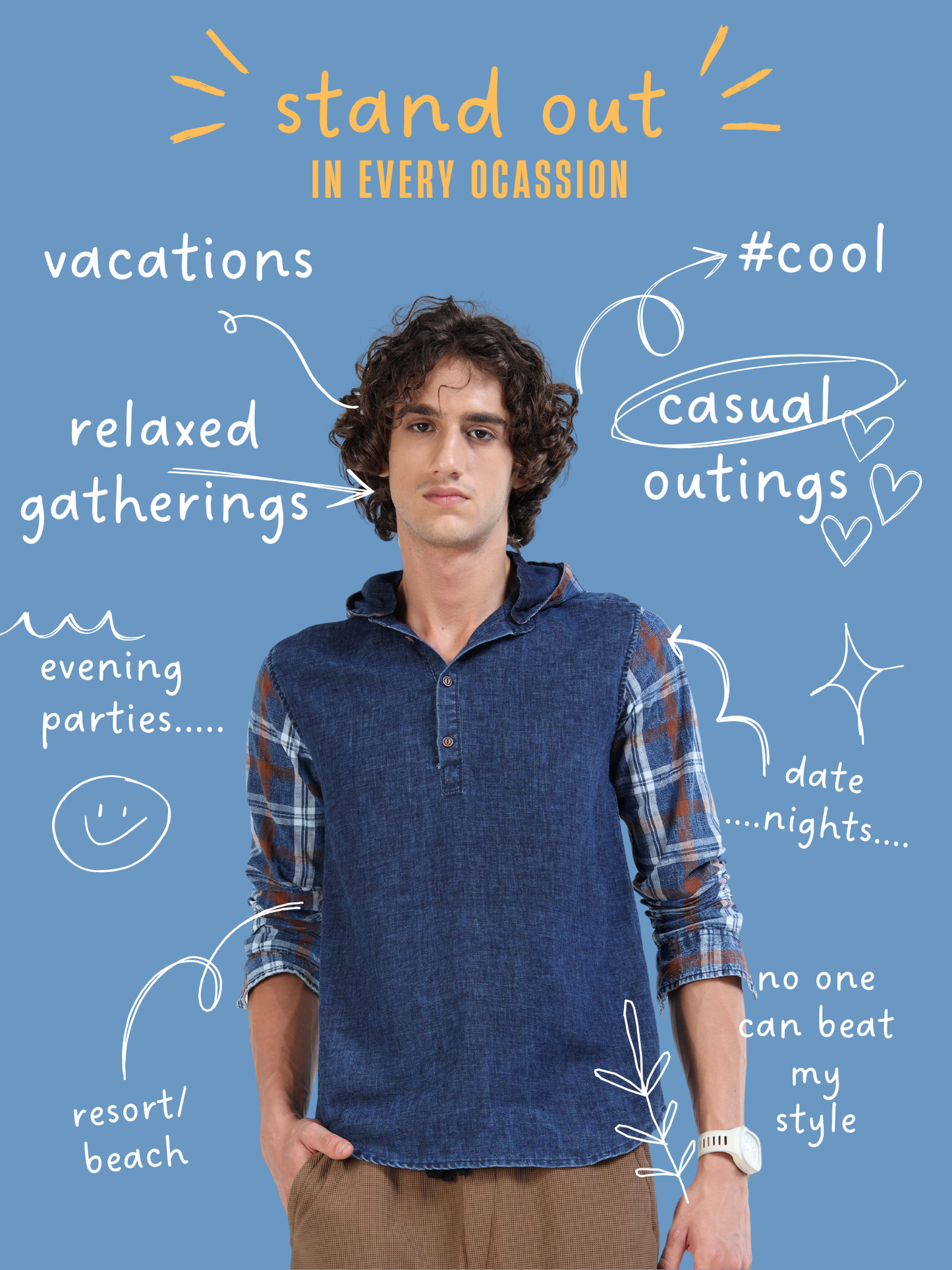 Men’s Indigo Denim Hooded Cotton Shirt with Plaid Contrast Sleeves