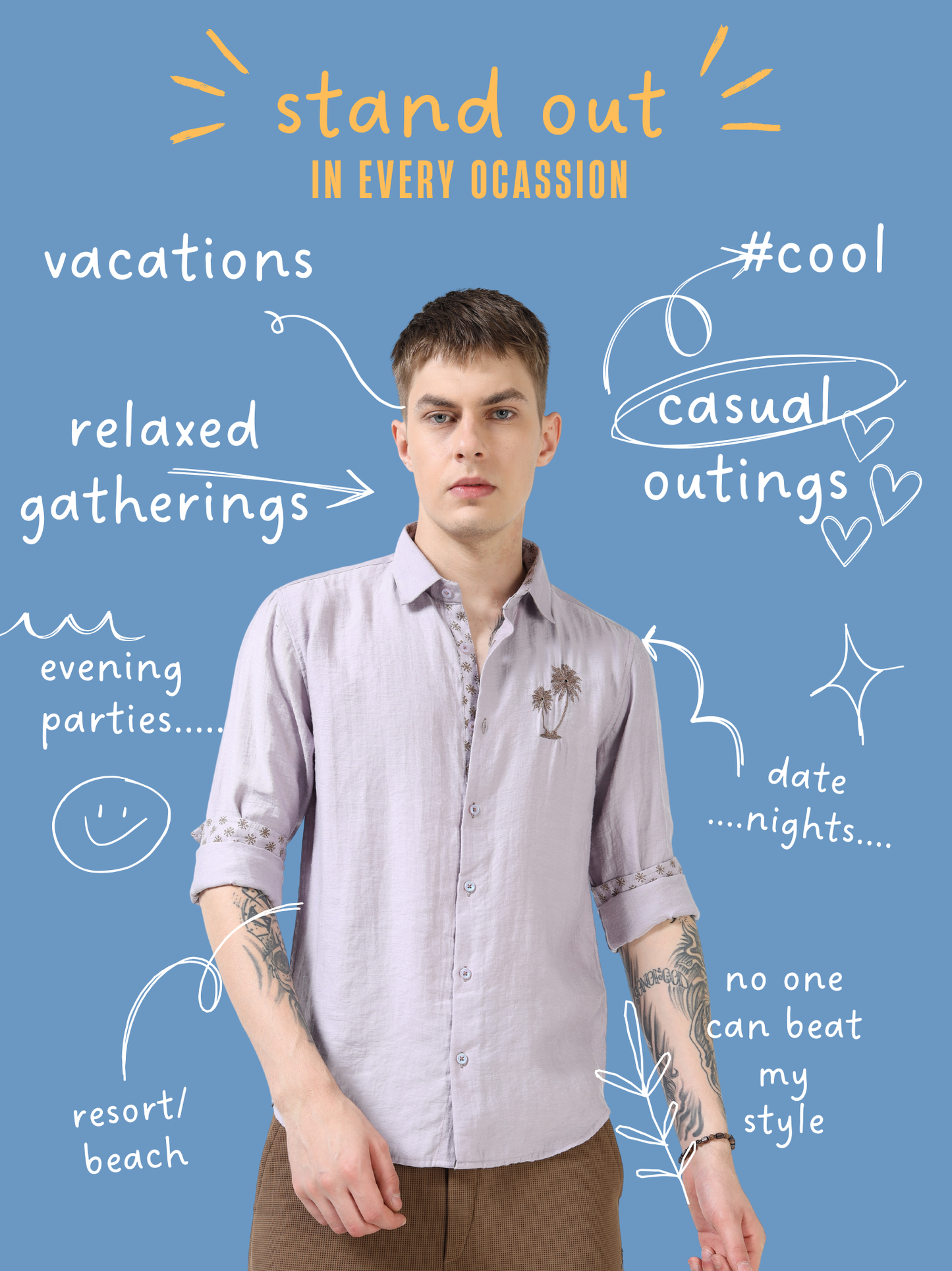 Men’s Lavender Textured Cotton Casual Shirt with Palm Tree Embroidery