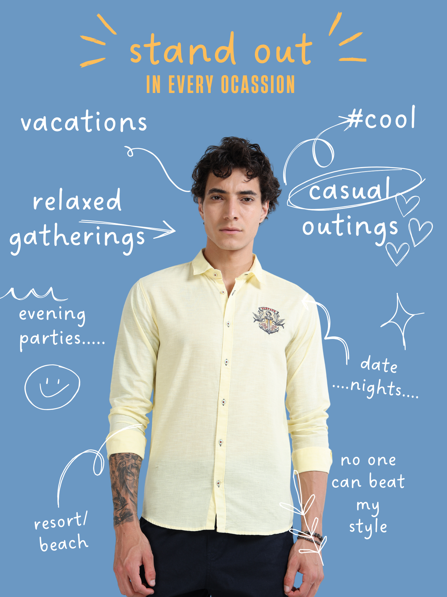 Men’s Light Yellow Cotton Casual Shirt with Nautical Anchor Embroidery