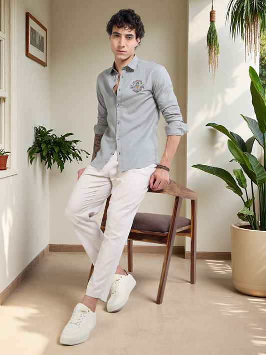 Men’s Grey Cotton Casual Shirt with Anchor Embroidery