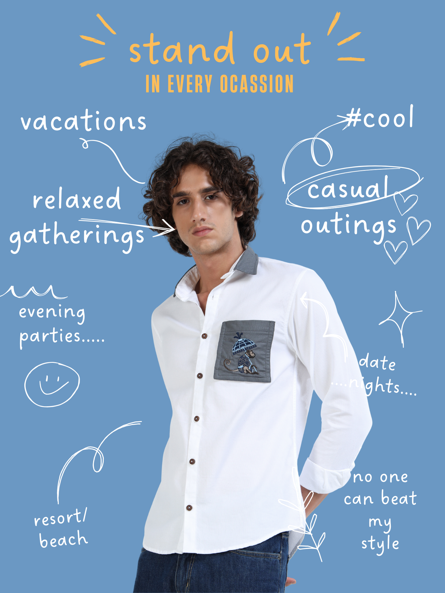 Men’s White Cotton Shirt with Grey Embroidered Pocket and Switchable Collar