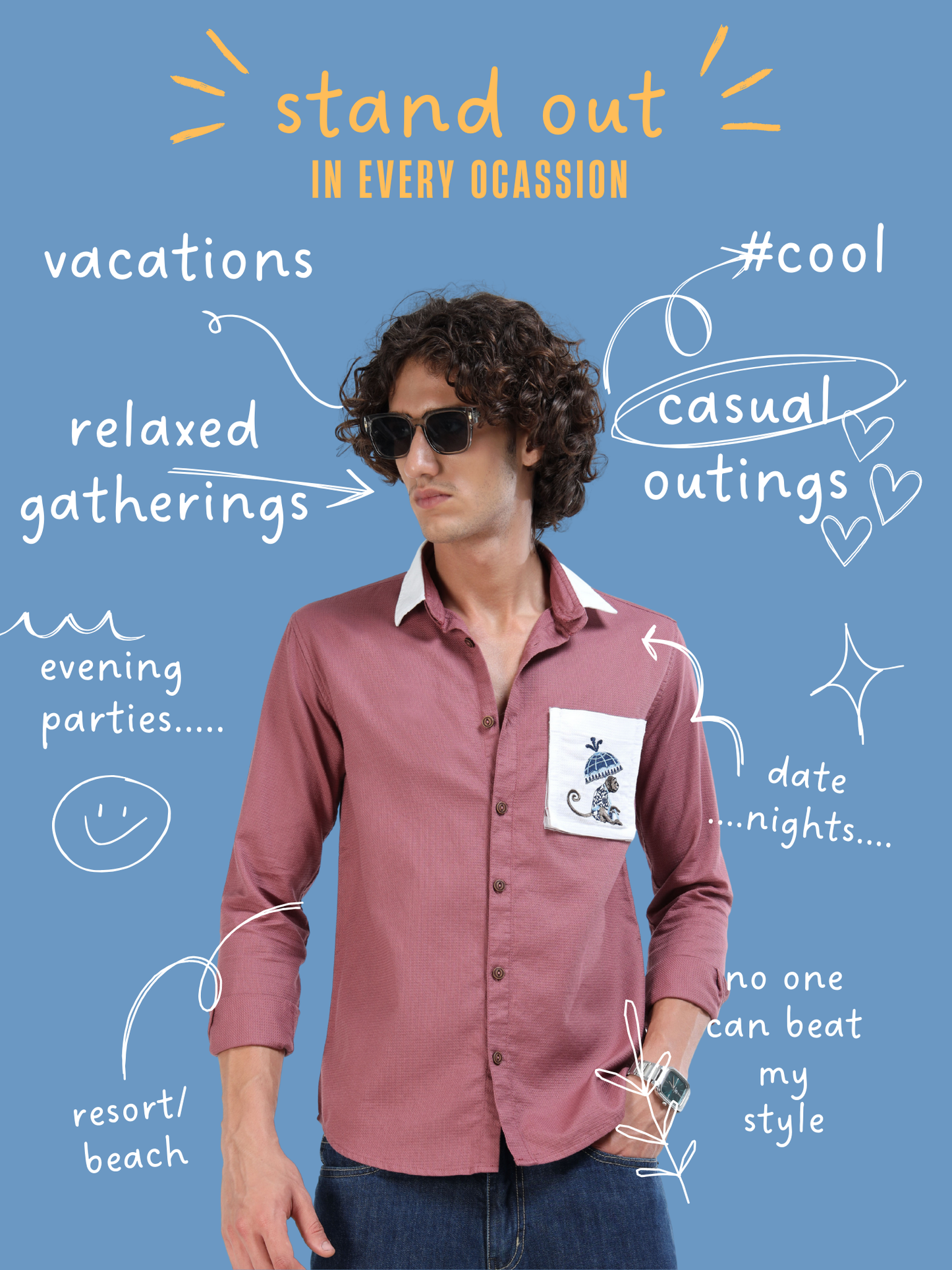 Men’s Dusty Rose Cotton Shirt with Modular Collar and Contrast Pocket