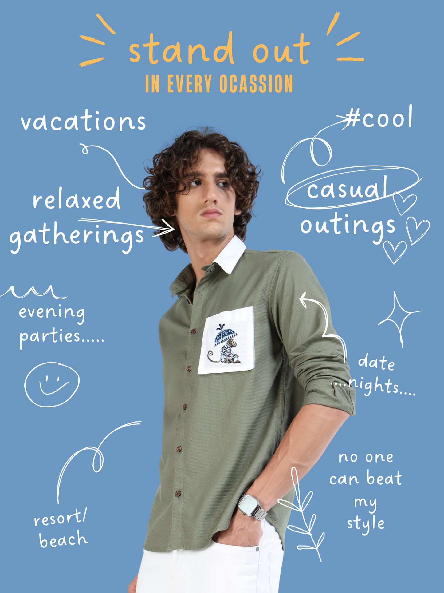 Men’s Olive Green Cotton Shirt with Removable Pocket & Dual-Style Collar