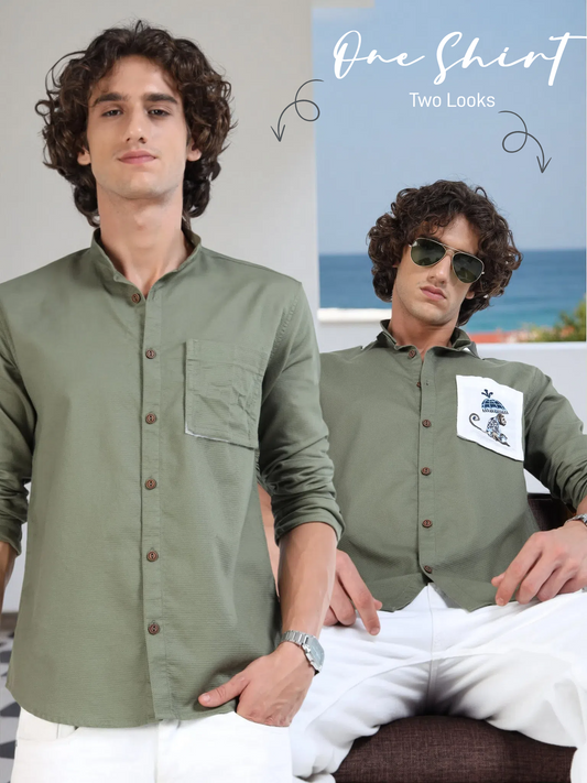 Men’s Olive Green Cotton Shirt with Removable Pocket & Dual-Style Collar