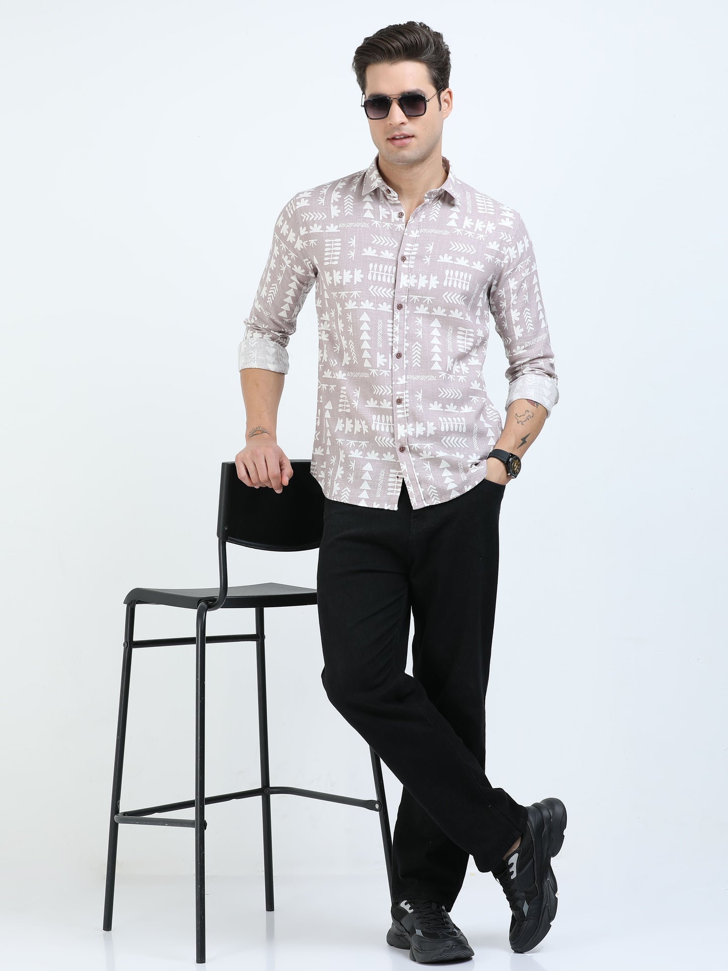 Men’s Beige Tribal Print Cotton Linen Shirt