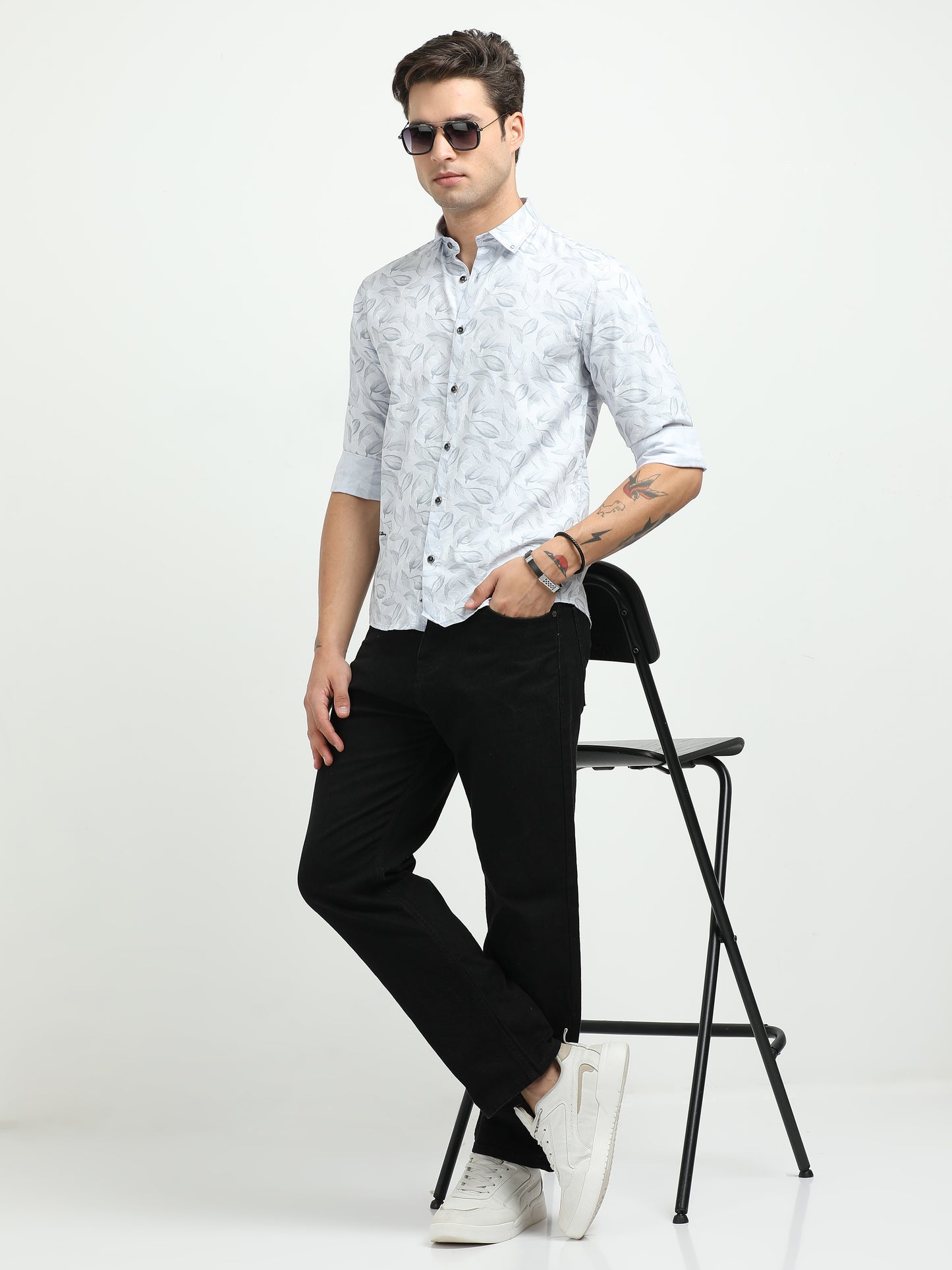 Men’s Sky Blue Leaf Print Cotton Shirt
