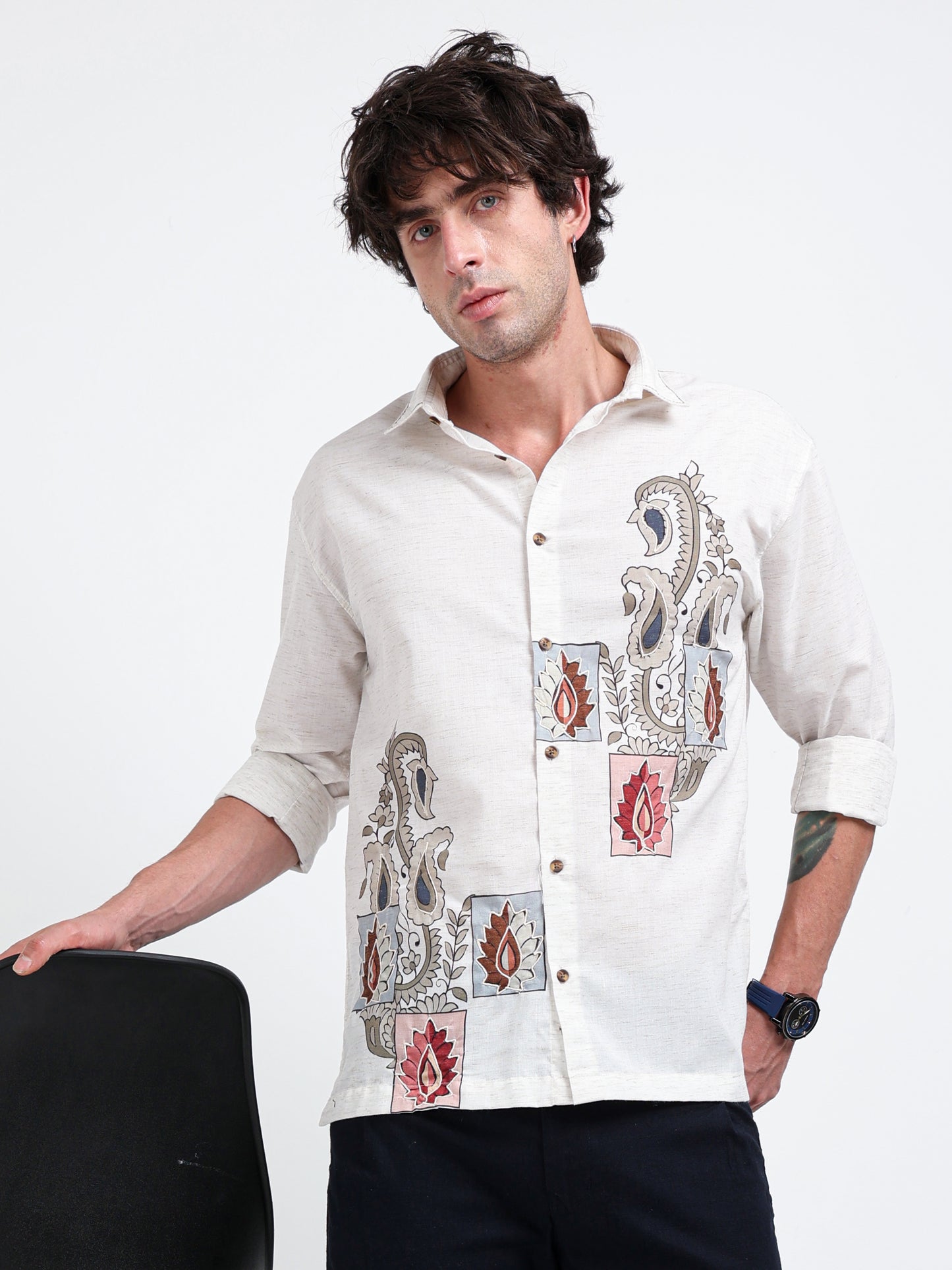 Artful Prints Sky Blue & White Check Cotton-Linen Shirt