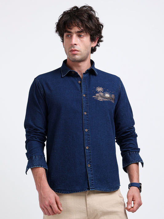 Crafted Embroidery and Urban Indigo Cotton Denim Shirt