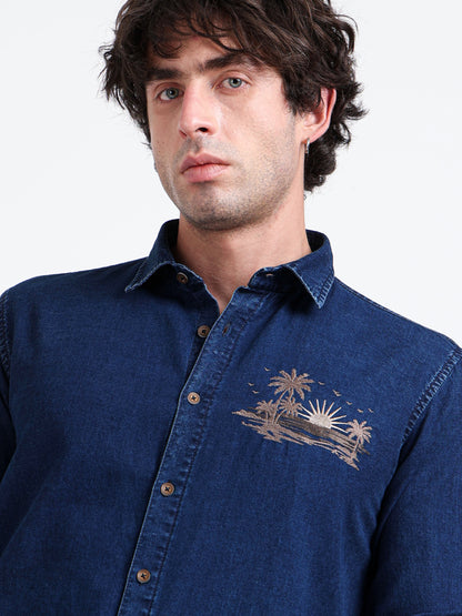Crafted Embroidery and Urban Indigo Cotton Denim Shirt