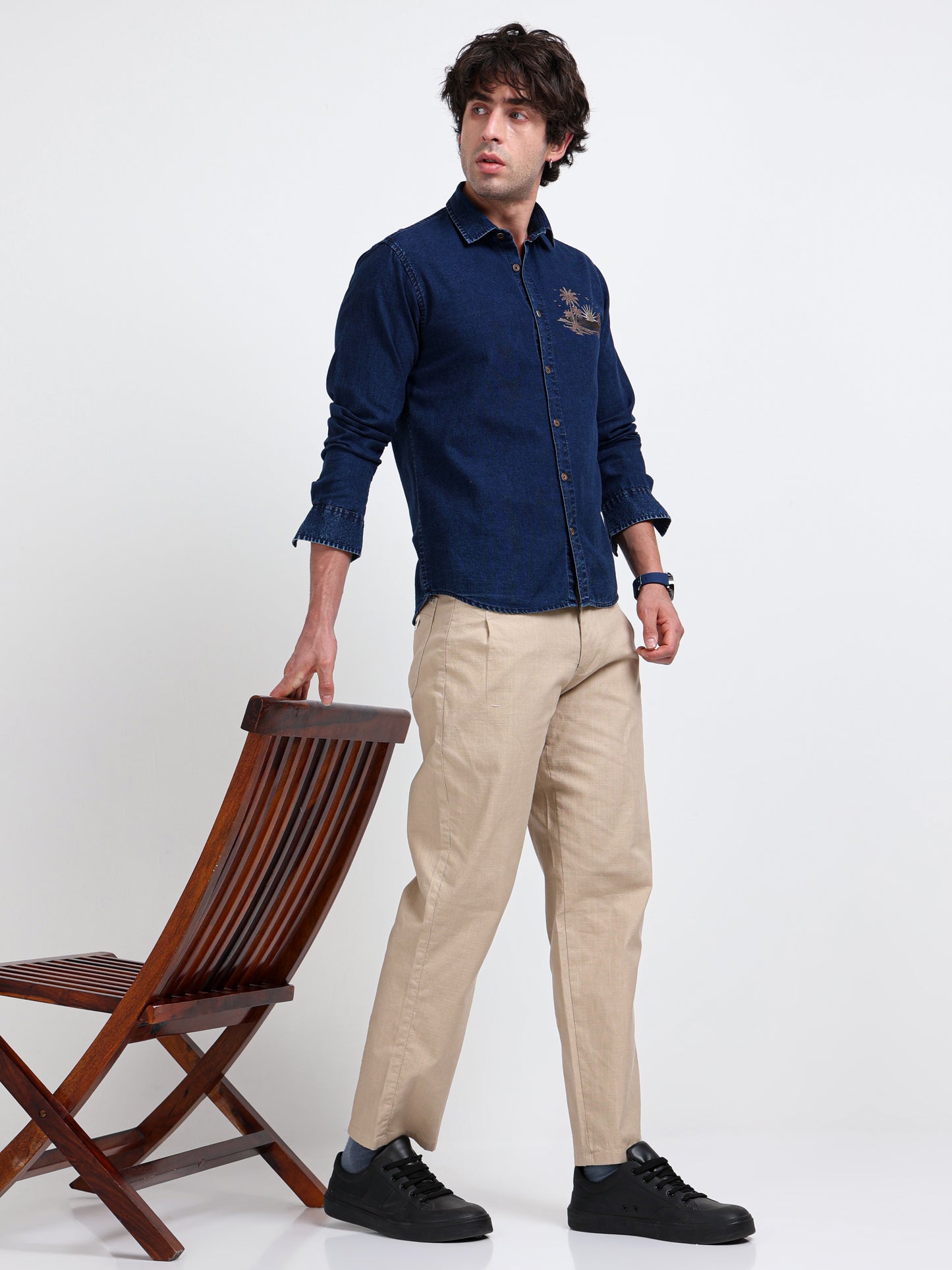 Crafted Embroidery and Urban Indigo Cotton Denim Shirt