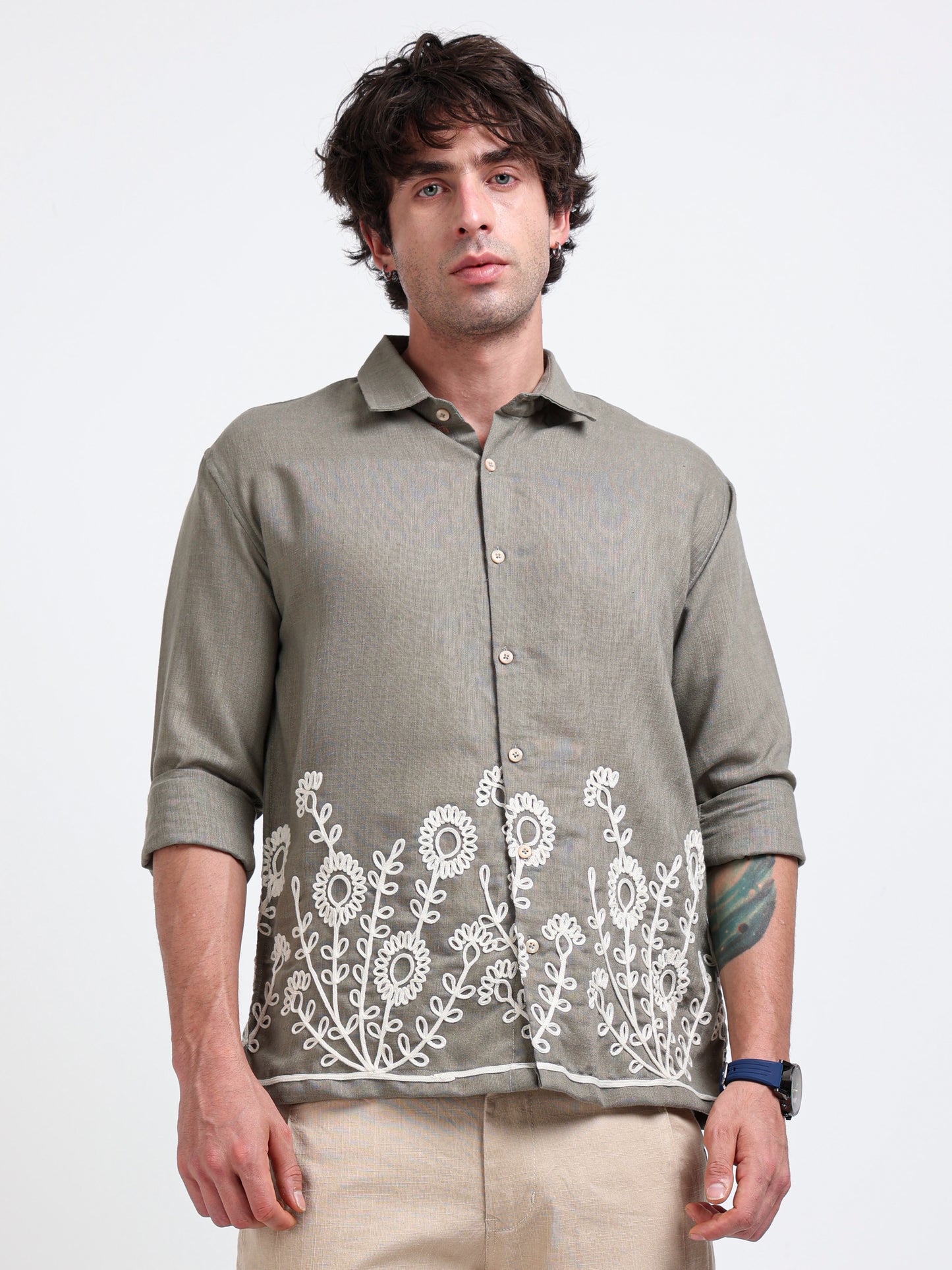 Crafted Embroidery Cotton Blend Shirt