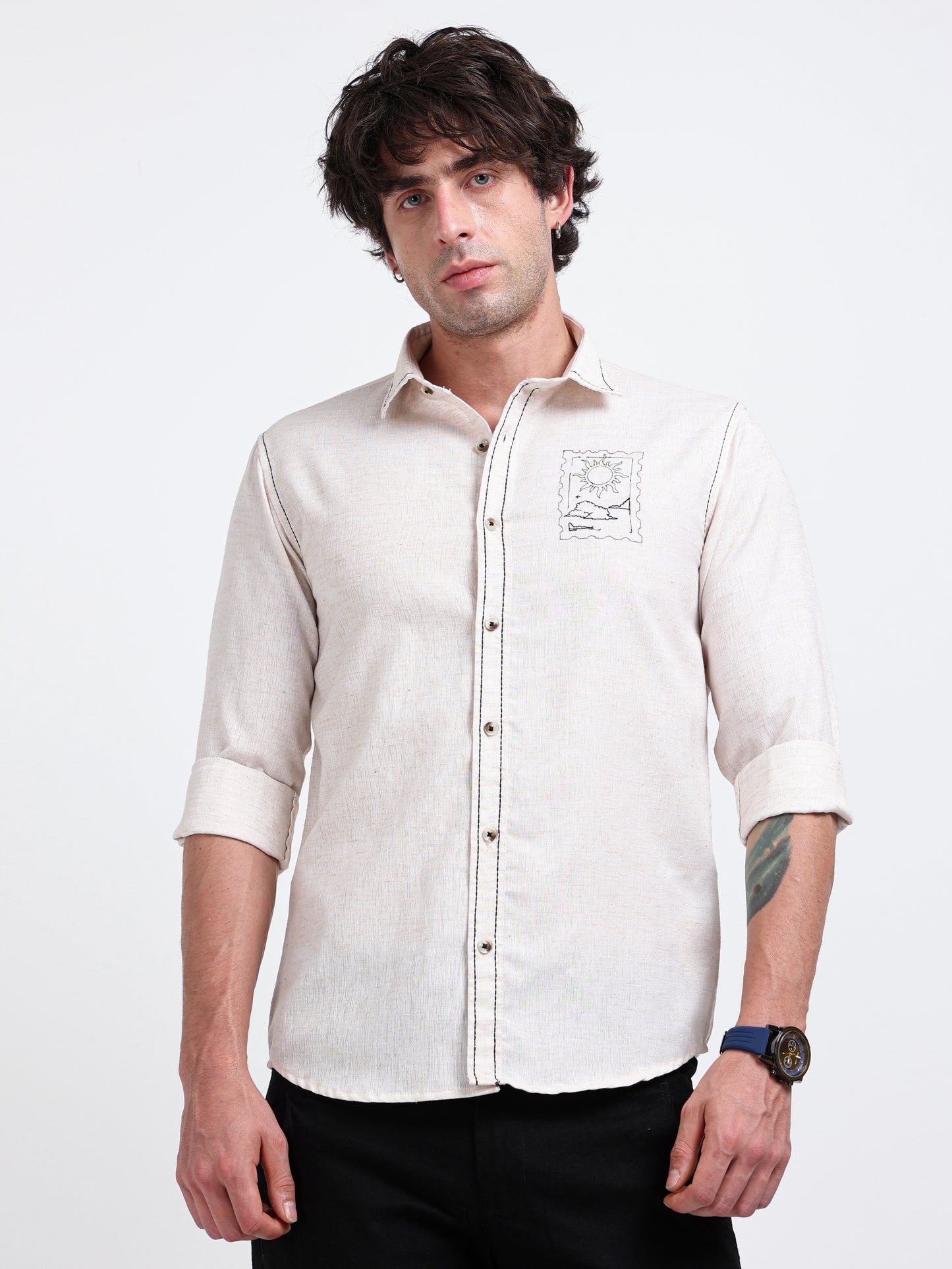 Crafted Embroidery Cotton Blend Shirt