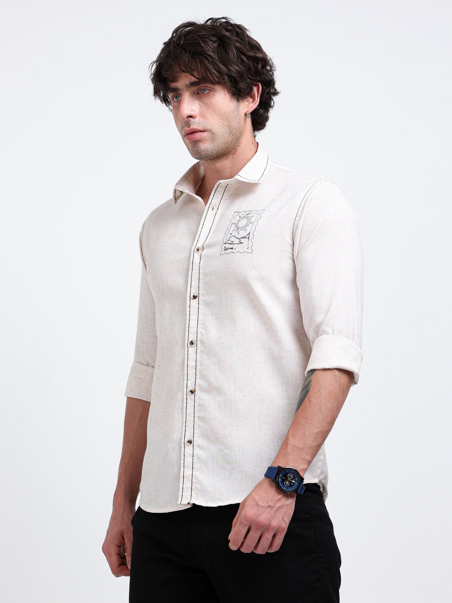 Crafted Embroidery Cotton Blend Shirt