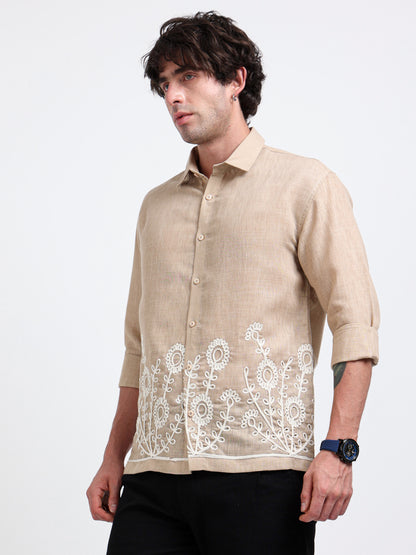 Crafted Embroidery Cotton Blend Shirt -Brown