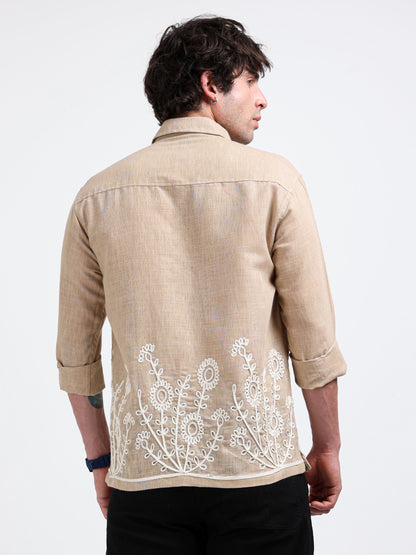 Crafted Embroidery Cotton Blend Shirt -Brown