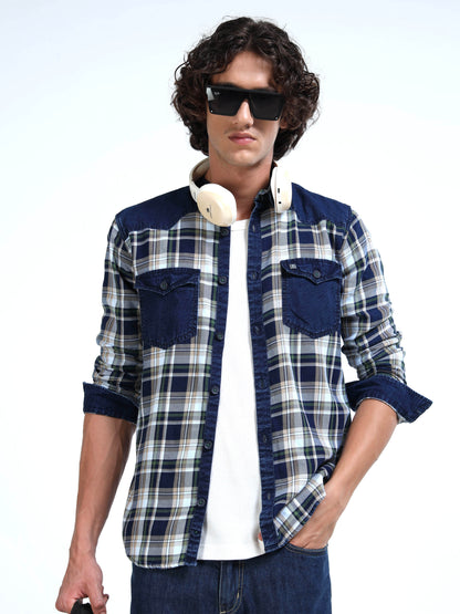 Men’s Indigo Denim Hooded Utility Shirt with Plaid Contrast Sleeves