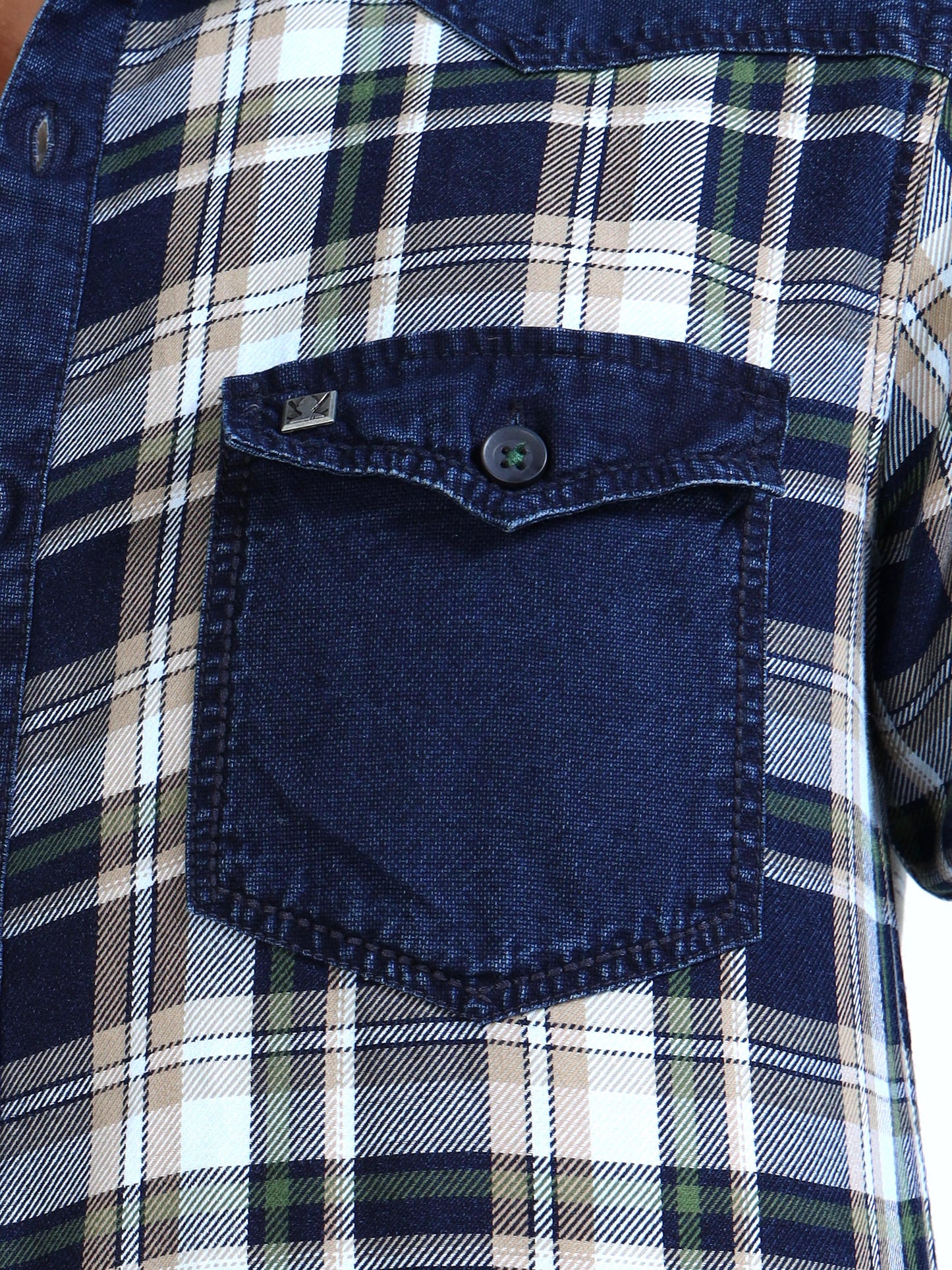 Men’s Indigo Denim Hooded Utility Shirt with Plaid Contrast Sleeves