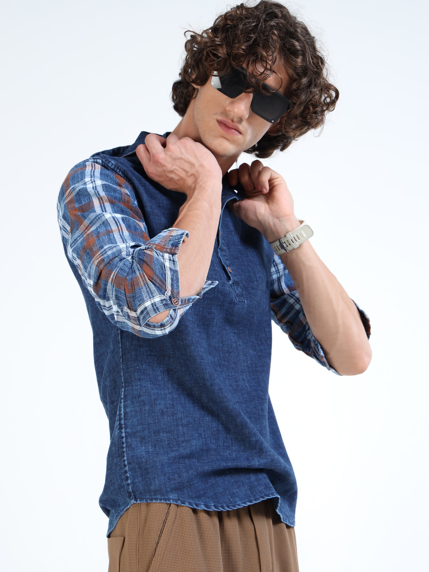Men’s Indigo Denim Hooded Cotton Shirt with Plaid Contrast Sleeves