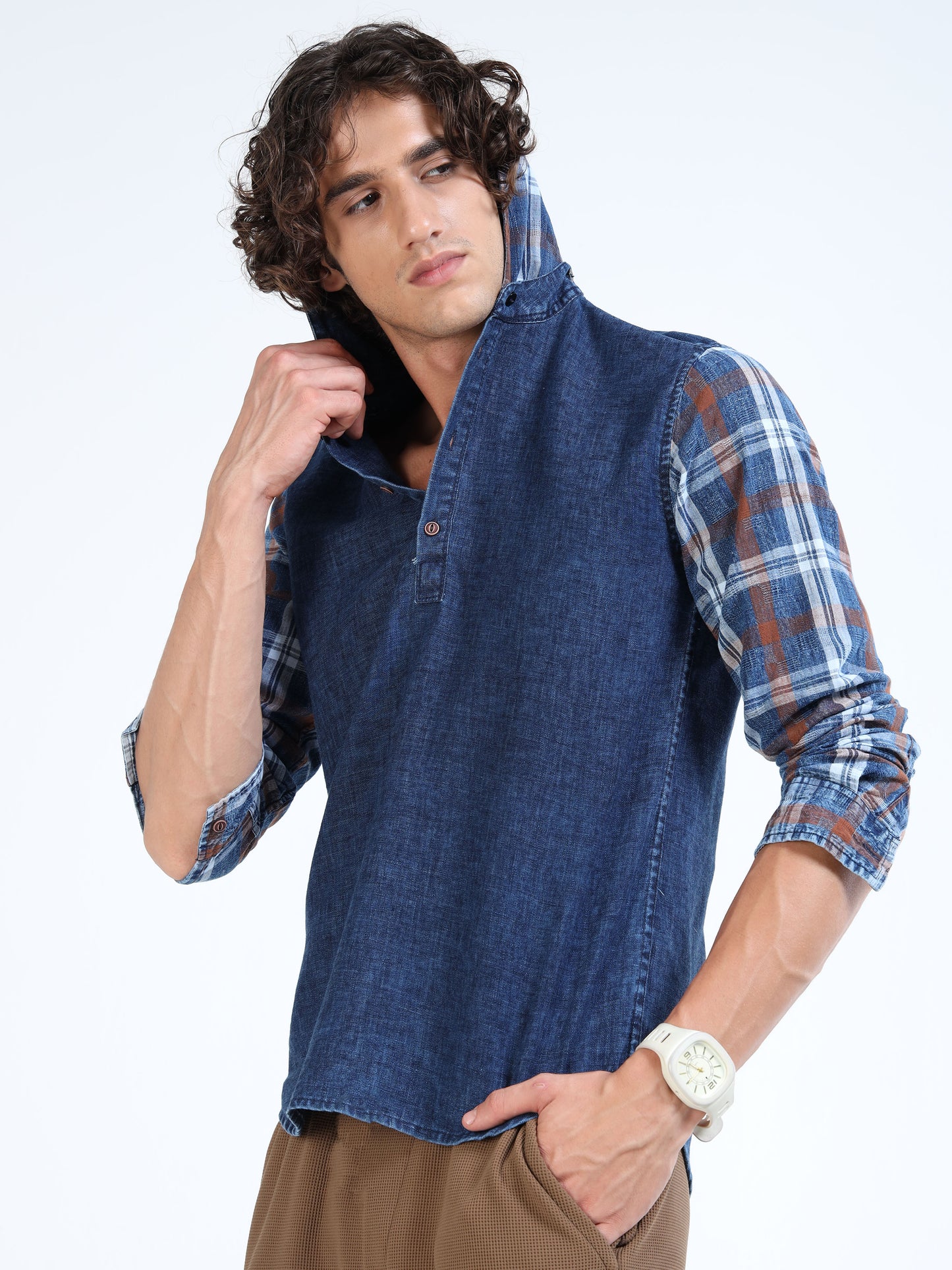 Men’s Indigo Denim Hooded Cotton Shirt with Plaid Contrast Sleeves