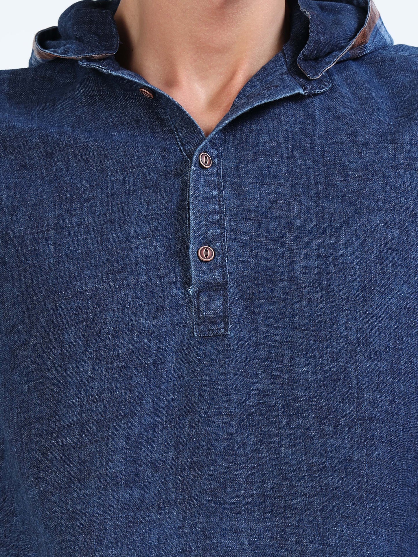 Men’s Indigo Denim Hooded Cotton Shirt with Plaid Contrast Sleeves