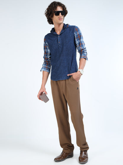 Men’s Indigo Denim Hooded Cotton Shirt with Plaid Contrast Sleeves