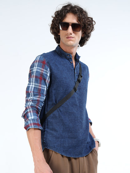 Men’s Indigo Denim Cotton Shirt with Plaid Contrast Sleeves and Half Placket