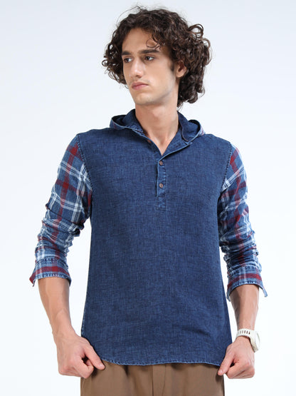 Men’s Indigo Denim Cotton Shirt with Plaid Contrast Sleeves and Half Placket
