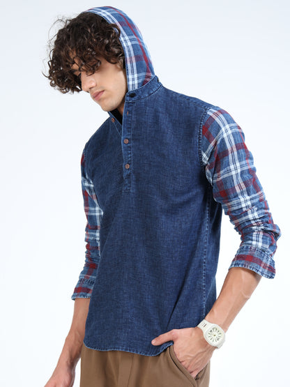 Men’s Indigo Denim Cotton Shirt with Plaid Contrast Sleeves and Half Placket