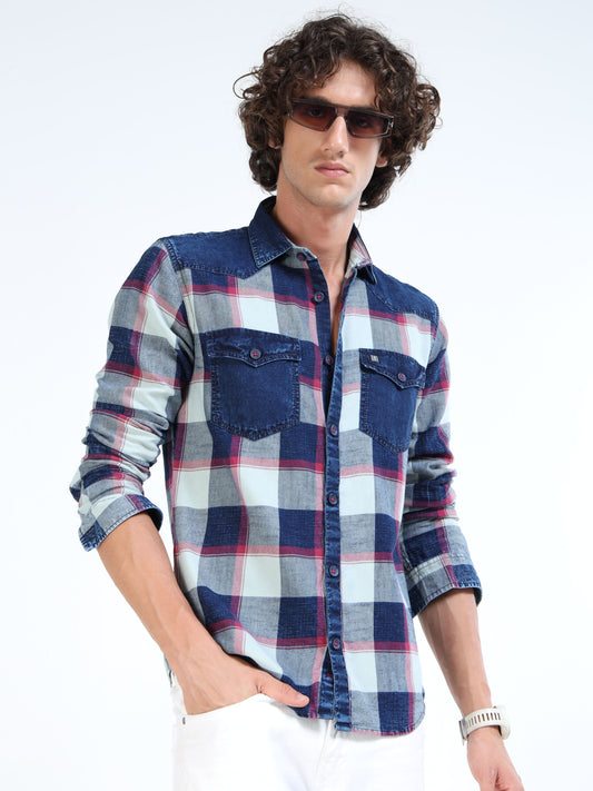 Men’s Indigo Blue Plaid Denim Cotton Utility Shirt with Dual Flap Pockets