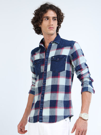 Men’s Indigo Blue Plaid Denim Cotton Utility Shirt with Dual Flap Pockets
