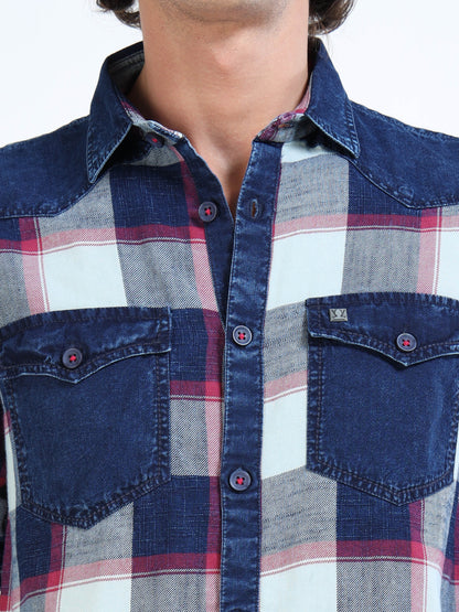 Men’s Indigo Blue Plaid Denim Cotton Utility Shirt with Dual Flap Pockets
