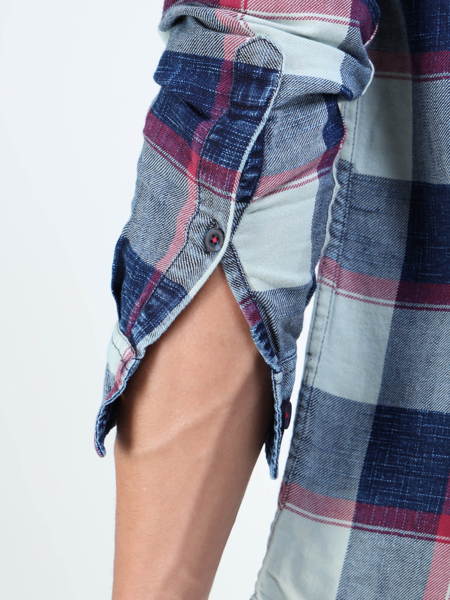 Men’s Indigo Blue Plaid Denim Cotton Utility Shirt with Dual Flap Pockets