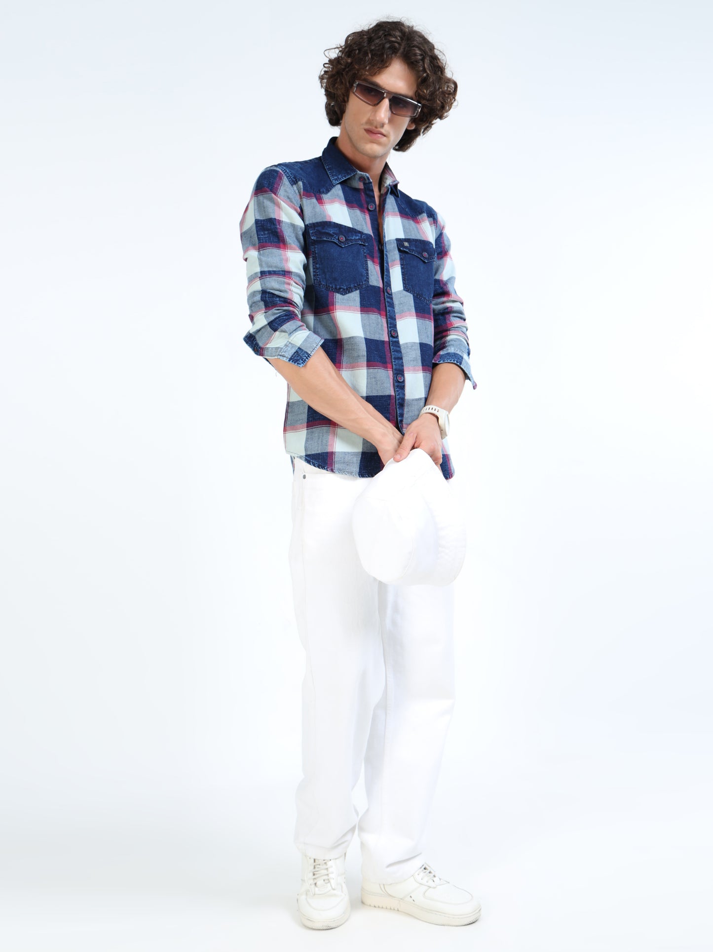 Men’s Indigo Blue Plaid Denim Cotton Utility Shirt with Dual Flap Pockets