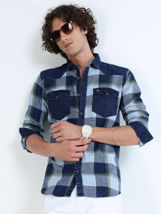 Men’s Indigo Green Plaid Denim Cotton Utility Shirt with Dual Flap Pockets
