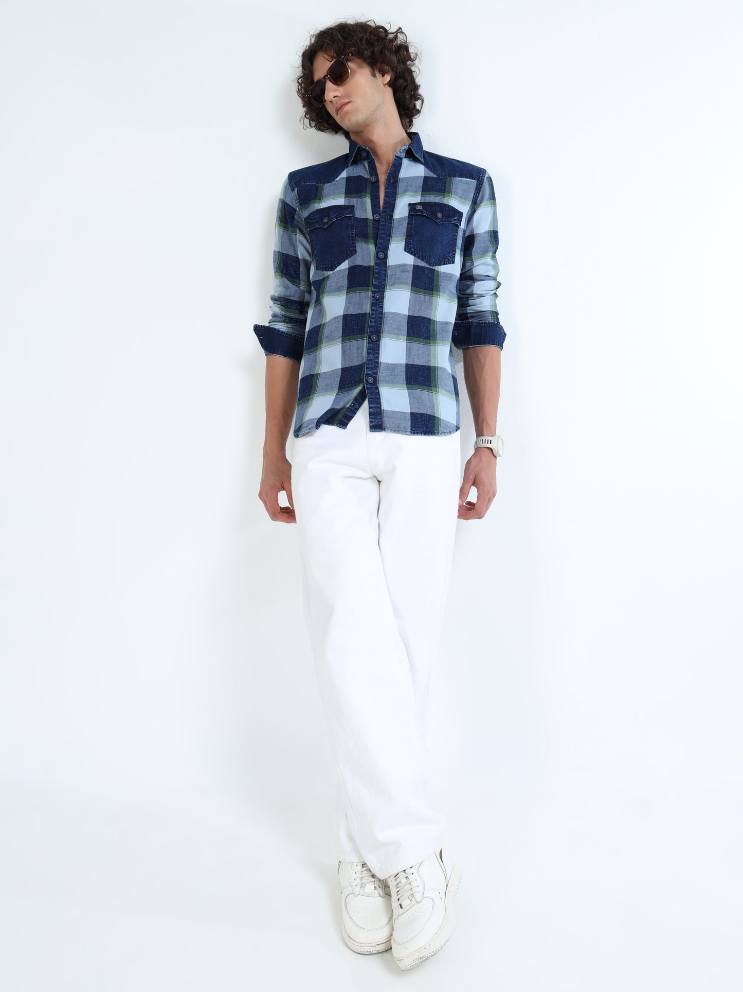 Men’s Indigo Green Plaid Denim Cotton Utility Shirt with Dual Flap Pockets