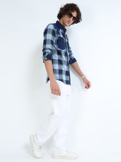 Men’s Indigo Green Plaid Denim Cotton Utility Shirt with Dual Flap Pockets