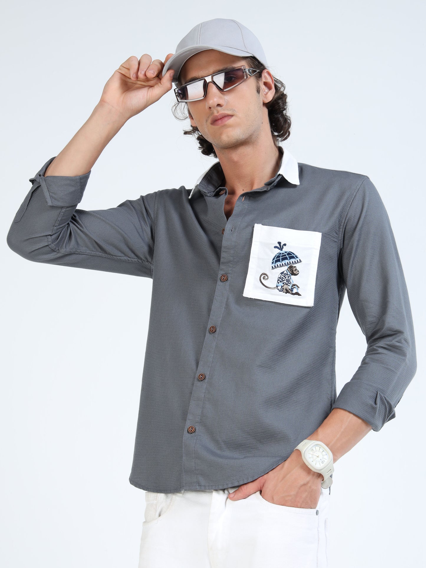 Men’s Charcoal Grey Cotton Shirt with Detachable Pocket and Convertible Collar