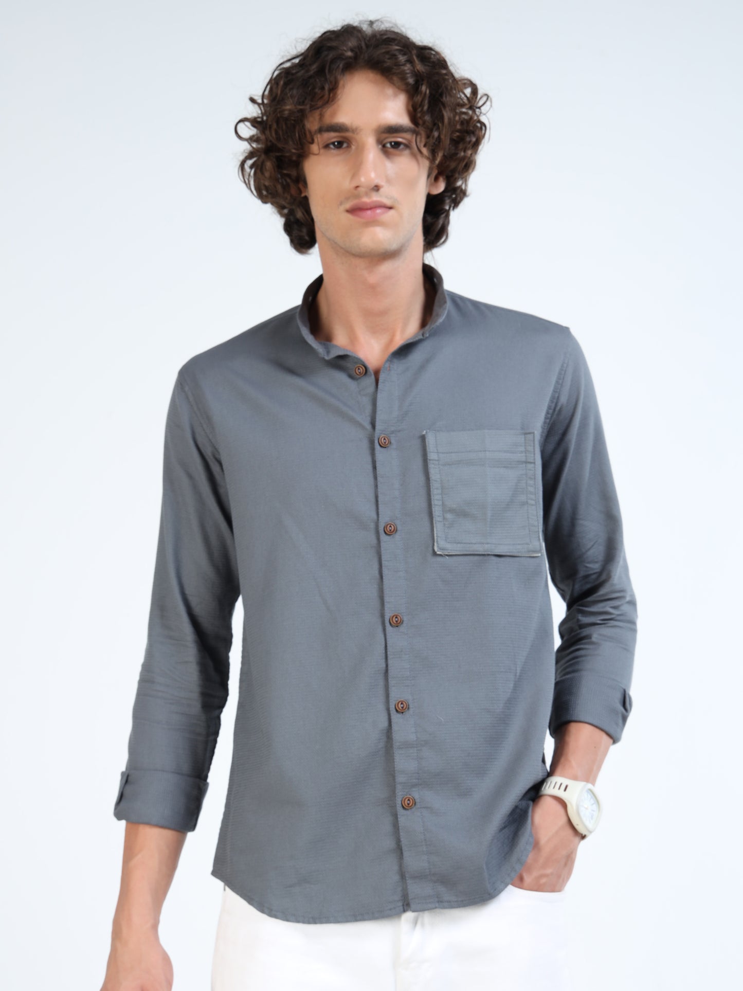 Men’s Charcoal Grey Cotton Shirt with Detachable Pocket and Convertible Collar