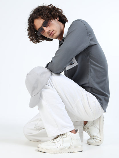 Men’s Charcoal Grey Cotton Shirt with Detachable Pocket and Convertible Collar