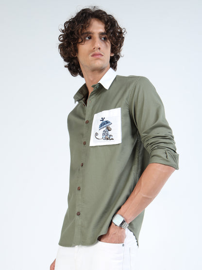 Men’s Olive Green Cotton Shirt with Removable Pocket & Dual-Style Collar