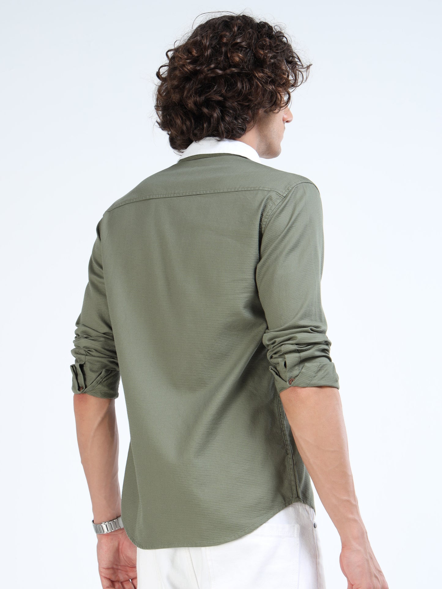 Men’s Olive Green Cotton Shirt with Removable Pocket & Dual-Style Collar