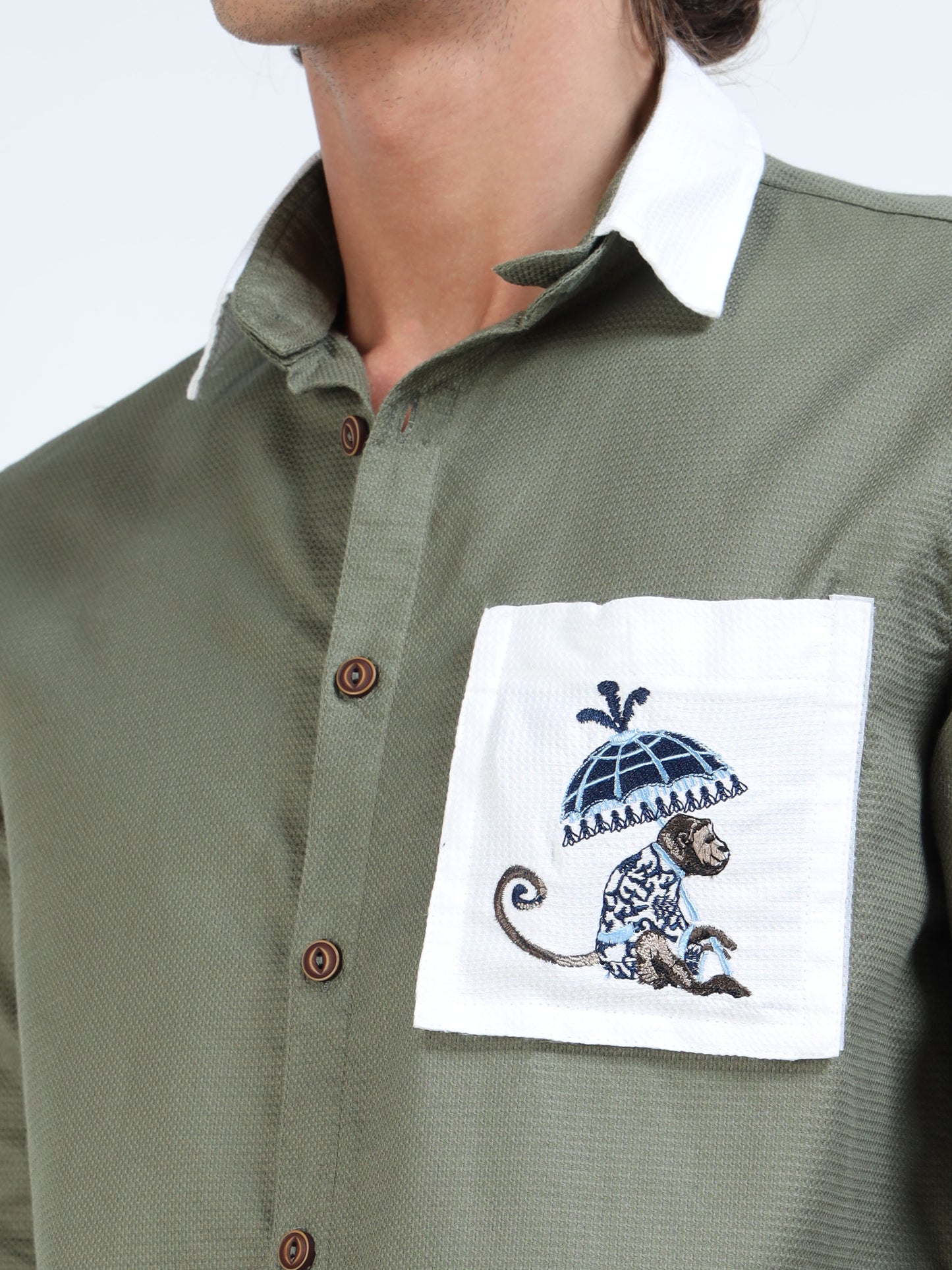 Men’s Olive Green Cotton Shirt with Removable Pocket & Dual-Style Collar