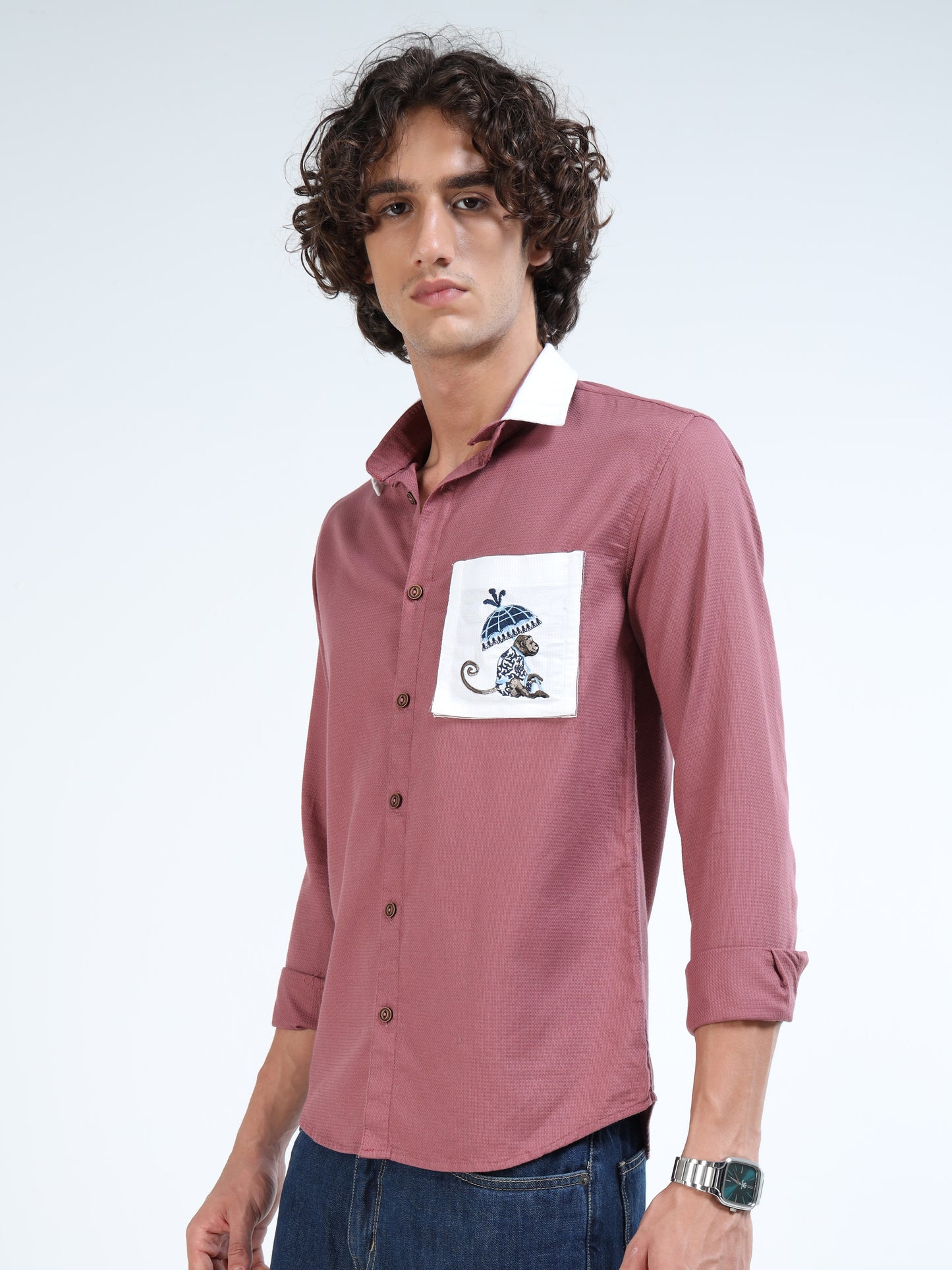 Men’s Dusty Rose Cotton Shirt with Modular Collar and Contrast Pocket