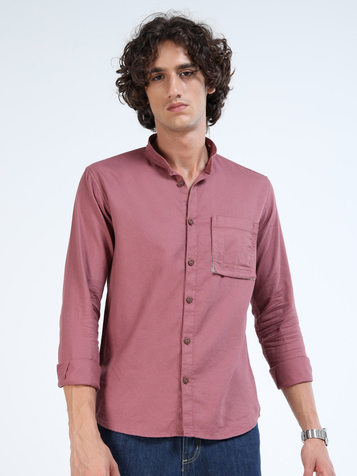 Men’s Dusty Rose Cotton Shirt with Modular Collar and Contrast Pocket