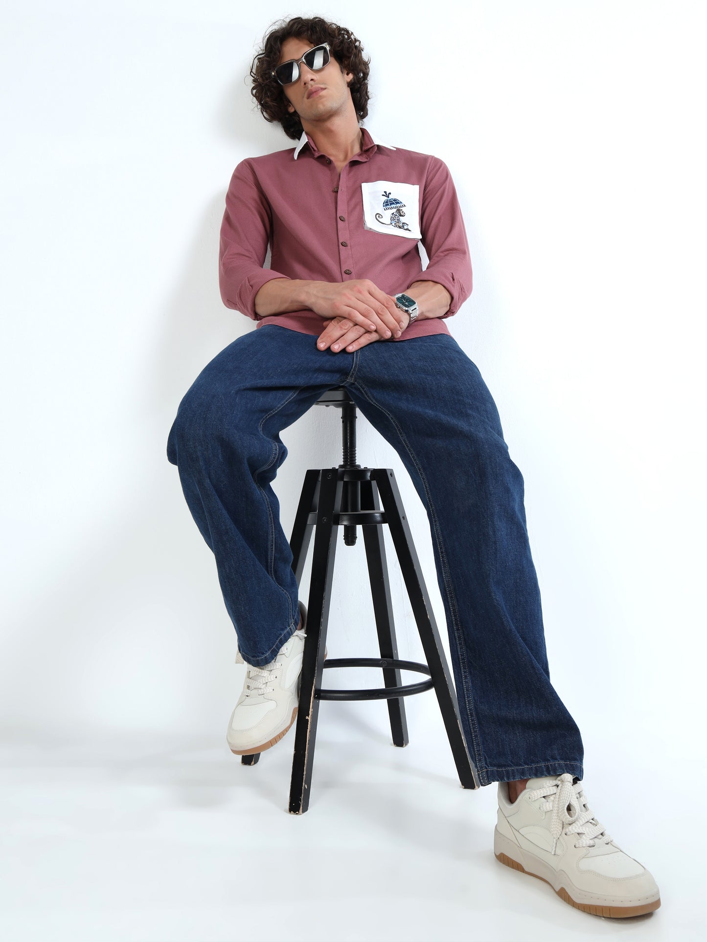 Men’s Dusty Rose Cotton Shirt with Modular Collar and Contrast Pocket